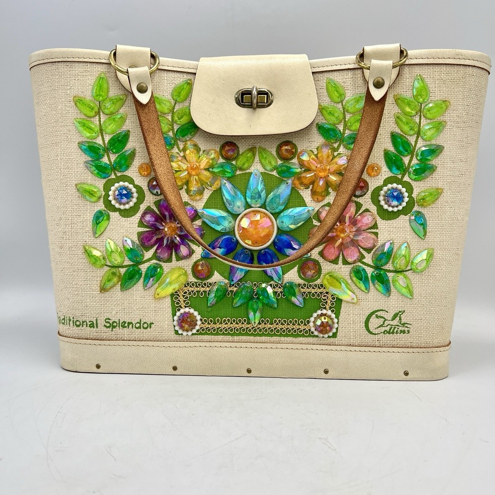 Vintage Enid Collins Texas "Traditional Splendor" Canvas Purse Wood Bottom